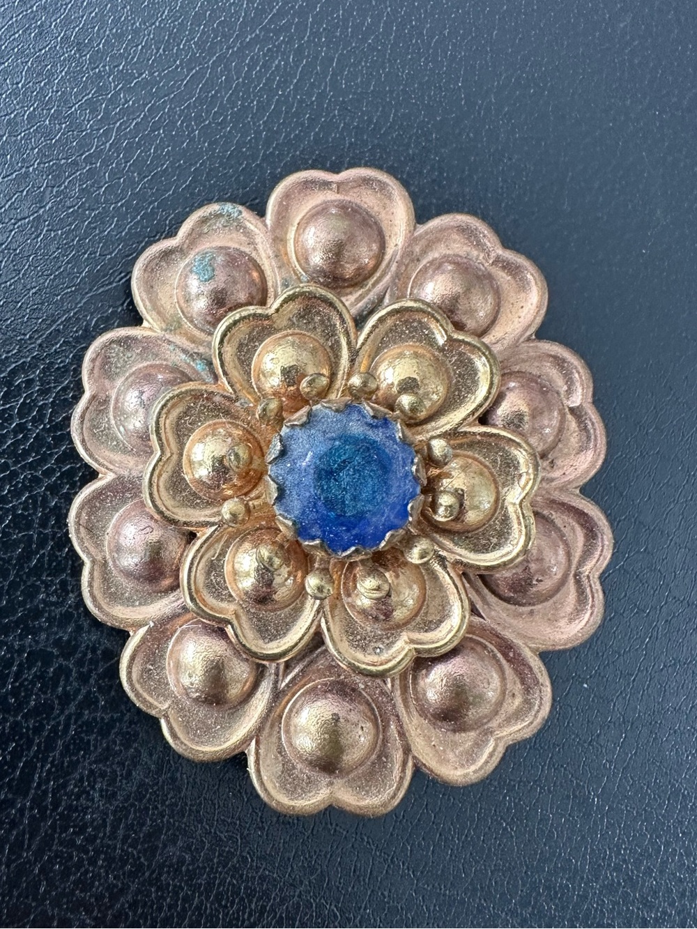 ROSE GOLD Tone Layered Flower Brooch Cobalt Blue Vintage Rhinestone Center Pin